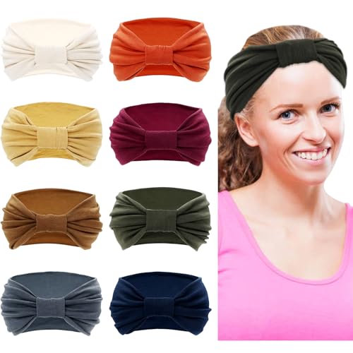 Dizila 8 Pieces Solid Soft Stretchy Boho Wide Headbands Running Yoga Gym Sports Turban Headwraps Hair Bands Accessories for Women Girls