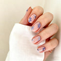 UZJXQ Short Oval Press-On Nails Nude Base with Blue Floral & Polka Dot Design – 24Pcs Style-1