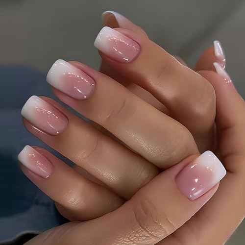 Medium Square Press On Nails Girls Fake Nails with Pink to white Ombre Simple and Stylish Design, Acrylic Artificial False Nails Press On Stick On Nails for Women