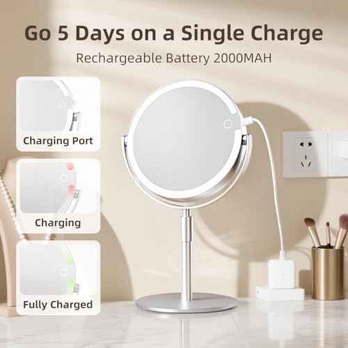 Vanity Mirror with Lights, 8" Dual-Sided Makeup Mirror with Magnification 1X/10X, 3 Color & Stepless Dimming, Rechargeable, 360¡Æ Rotation & Height Adjustable, for Women
