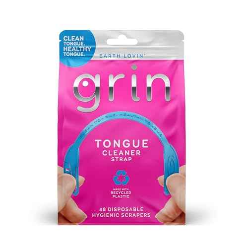GRIN Tongue Cleaner Strap, 48 Count, Disposable Tongue Cleaner, Hygienic Dual Edge Scraper, Recycled Plastic, Clean Tongue, Healthy Tongue, Promote Fresh Breath, Includes Safe Fold- Back Tooth Pick