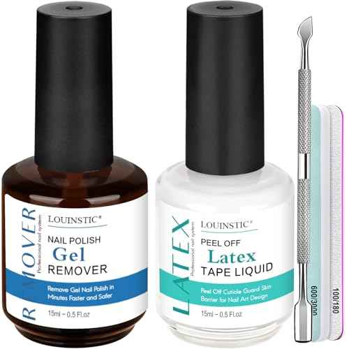 LOUINSTIC Nail Polish Remover & Liquid Latex Kit ? Low-Irritation Gel Remover & Skin-Protective Barrier, Fast 2?5 Minute Gel Removal, Natural Formula, No Foil Needed, 15 ml with Manicure Tools