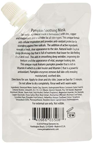 Primal Elements Face Mask, Clay Mud Facial Treatment, Multi-Use Package, 1.18 oz - Pumpkin Soothing