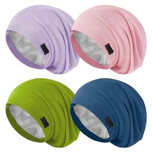 4Pcs Silk Satin Bonnets for Women Men, Adjustable Hair Wrap Slouchy Beanie Hat for Curly Hair