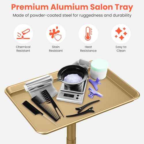 TASALON Premium Salon Tray on Wheels, Aluminum Salon Rolling Tray Trolley for Salon Essentials, Adjustable Height Provides Ample Storage for Hairstylist Tray, Tattoo Tray and Clinic Tray Use - Gloden
