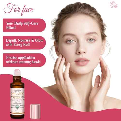Organic Castor Oil with Real Rose Quartz Roll-On, 2 Pack for Face & Eyes ? Lash & Brow Growth, Under Eye Care, Skin Moisturizing, Cold-Pressed, Hexane-Free, Beauty Self-Care Gifts for Women