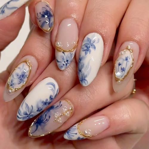 Press On Nails Almond Blue Floral French Tip 24pcs – Taoyiset Reusable Full-Cover Faux Nails