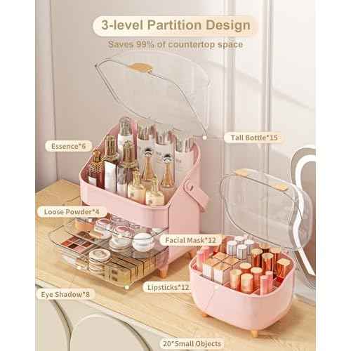 Makeup Organizer with Lipstick Holder, Skincare Organizers Storage Box Cosmetic Display Cases, Teen Girl Gifts Make up Organizers for Vanity, Dresser, Countertop, Bathroom(Pink)