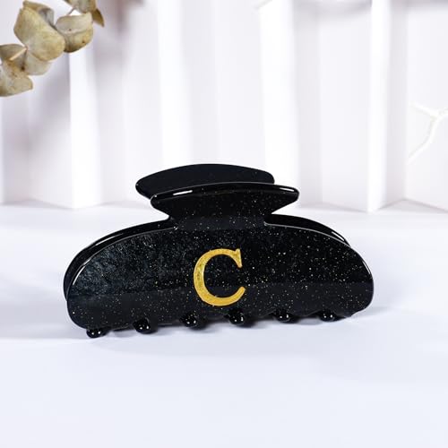 Personalized Acrylic Letter C Hair Clip - Elegant Black Claw Clip for Thick Hair