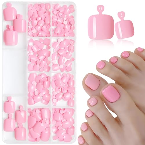 AddFavor Pink Press On Toenails for Women - 240pcs Fake Toe Nails with Adhesive Tabs