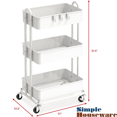 Simple Houseware Heavy Duty 3-Tier Metal Utility Rolling Cart, White