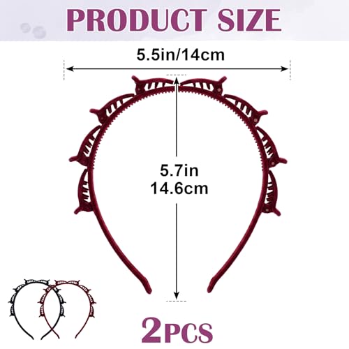 2-Pack Non-Slip Hair Clip Headbands with 8 Clips, Black & Wine Red