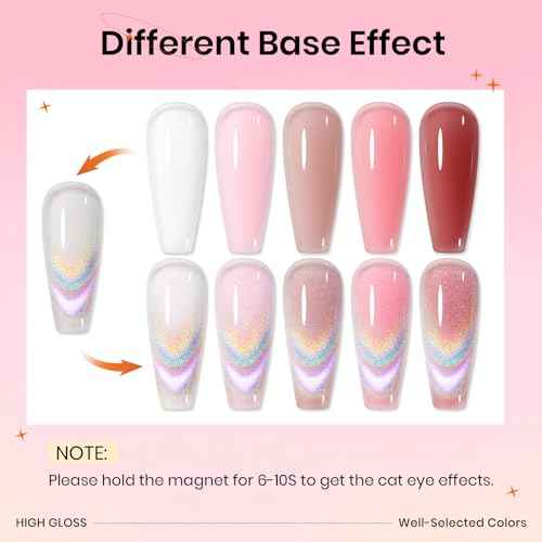 Cat Eye Gel Nail Polish Set With Magnetic, 5 Colors Translucent Nude Pink White Jelly Gel, Universal Rainbow Cat Eye, Glitter Holographic for Home DIY Manicure