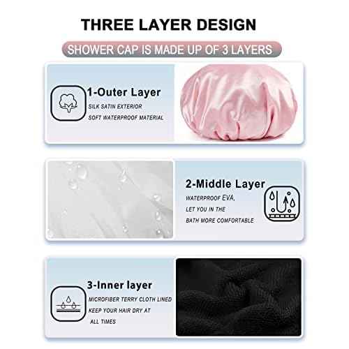 YIZIJIZI Terry Lined Shower Cap,Triple Layer Large Cap for Women,Shower Cap Reusable Waterproof,Long Thick Hair(Pink)
