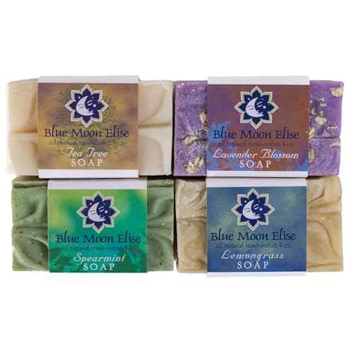 Blue Moon Elise All Natural Soap Bars Variety 4-Pack, Made with Organic Ingredients, Handmade in the USA, Moisturizing and Therapeutic for Face & Body, Sensitive Skin, Men & Women