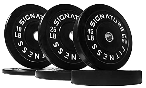 Signature Fitness 2" Olympic Bumper Plate Weight Plates with Steel Hub, 160LB Set (2X 10/25/45LB), Black, with 7FT Olympic Barbell (Chrome)