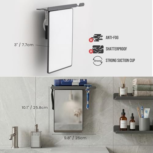 TAILI Fogless Shower Mirror with Storage Tray – 9.8 x 10.1 in, Light Gray, Rectangular