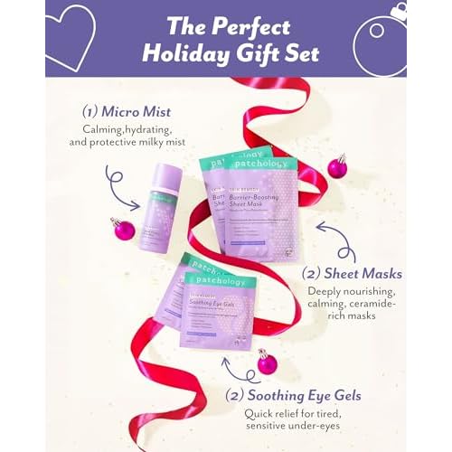 Patchology Cozy Comforts Holiday Skincare Gift Set - Soothing Under Eye Patches, Barrier-Boosting Hydrating Sheet Masks & Calming Mist - Limited Edition Winter Christmas Gifts & Stocking Stuffers