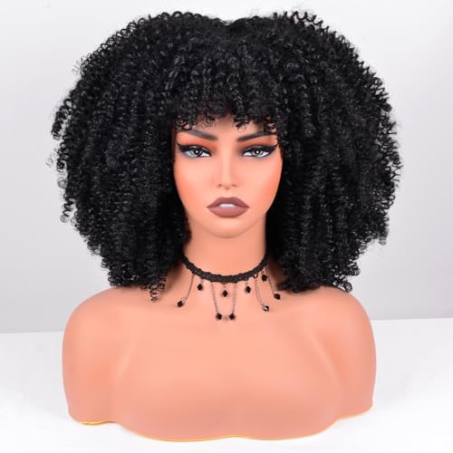 Afro Curly Wig with Bangs 12" Short Kinky Synthetic Glueless