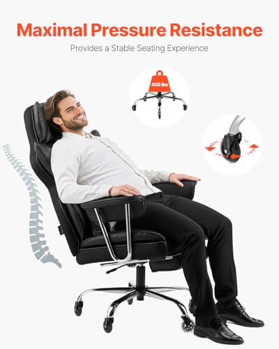 VEVOR Black Executive Office Chair with Footrest, 400lb Heavy Duty Reclining Ergonomic Desk Chair