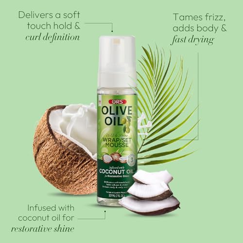ORS Olive Oil Hold & Shine Wrap Set Mousse Infused with Coconut Oil for Restorative Shine 7 Ounce (Pack of 4)