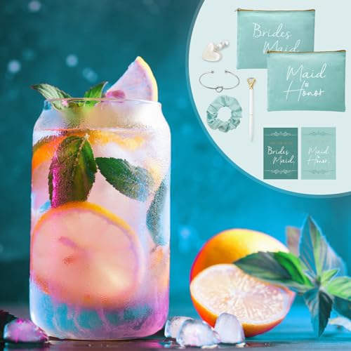 56pcs 8set Bridesmaid gifts bridesmaid proposal gifts, Maid of Honor Gifts contain 16oz Glass Cups Cosmetic Makeup Bags Invited Cards Scrunchies Hair Knotted Bracelets Diamond Pens love clip (Green)
