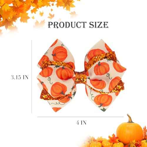 Thanksgiving Hair Bows for Girls, IKOLA Orange Pumpkin Hair Clips Handmade Grosgrain Ribbon Hair Bow Clips, Non Slip Metal Alligator Hair Barrettes Hairpins | Glitter Hair Accessories for Fall Autumn