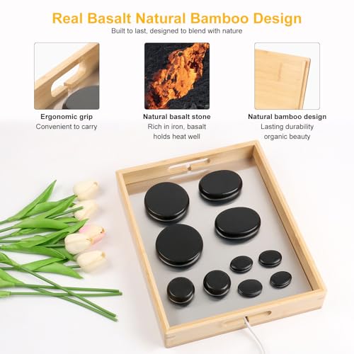 Hot Stone Massage Set with 10 Basalt Stones & Bamboo Warmer