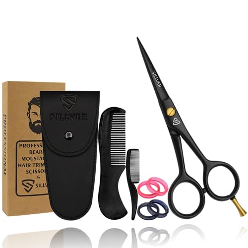 Professional Mustache Scissors 5 Inch, Razor Edged and Serrated, Beard Comb, Mustache Comb, Pouch -Beard Trimming Scissors for All Facial Hair? Grooming Scissors