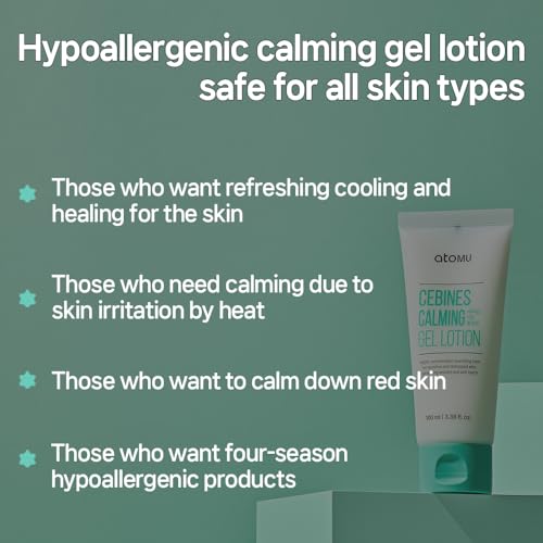 Atomu Cebines Calming Gel Lotion, Nourishing Cooling Facial Lotion for Sensitive and Distressed Skin, Hypoallergenic Soothing Redness Cream, All Skin Types, Korean Skincare (3.38 fl.oz.)