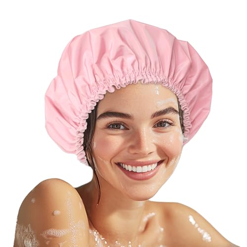 Large Waterproof Shower Cap for Women - Pink, Double-Layer Hair Bonnet