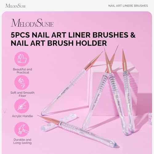 MelodySusie 5Pcs Nail Art Liner Brushes with Nail Brush Holder, Professional Gel Polish Painting Art Design Pen for Thin Long Lines, Tiny Details, Fine Drawing, Delicate Coloring Sizes 5/7/9/11/20mm