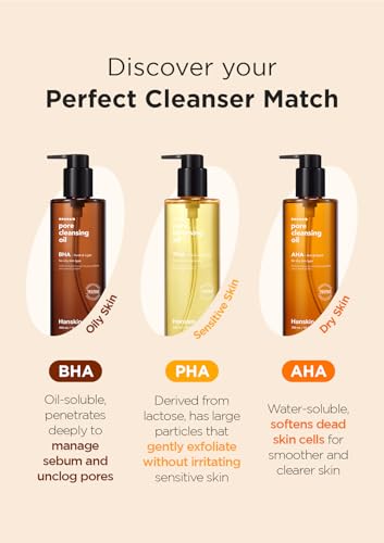 Hanskin AHA Pore Cleansing Oil for Dry Skin, Exfoliating, Waterproof Makeup Remover Facial Cleanser, Moisturizing for Soft Skin, Korean Skincare [AHA/10.14 oz.]