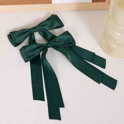 5.5in Hair Clips for Women Dark Green Tassel Ribbon Bow-knot Hairpins with Long Tail,Solid Satin Polyester Alligator Barrettes Claw Clips for Girls Stylish Hair Accessories