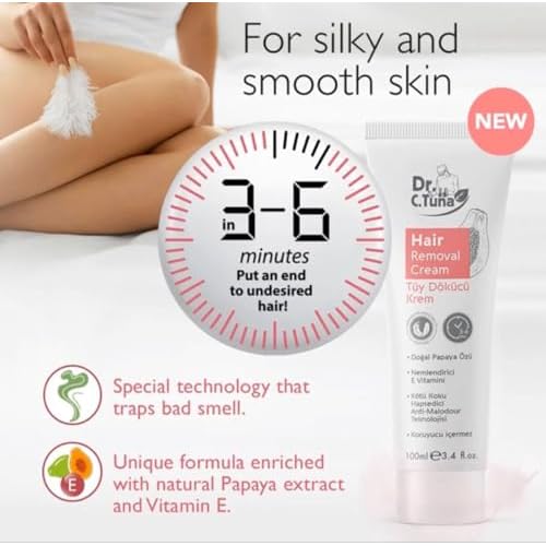 FARMASi Dr. C. Tuna Hair Removal Cream, Gentle Depilatory Cream for Women and Men, Soothing Formula with Papaya Extract for Body Legs Arms and Underarms, Suitable for Sensitive Skin, 3.4 fl oz