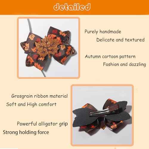 2Pcs Fall Thanksgiving Hair Bow Clips Glitter Maple leaf Hair Bows Alligator Barrettes Autumn Grosgrain Ribbon Hair Accessories Cute Hairpin for Thin Thick Hair Thanksgiving Hair Decoration for Girls