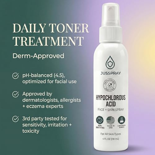 Jusspray¢â Hypochlorous Acid Spray for Face and Skin | HOCI Facial Cleanser Mist | 4 oz Hypochlorous Acid for Face, Skin, Acne, Eczema, Body Acne Sprays, Piercing Aftercare, Wound Solution
