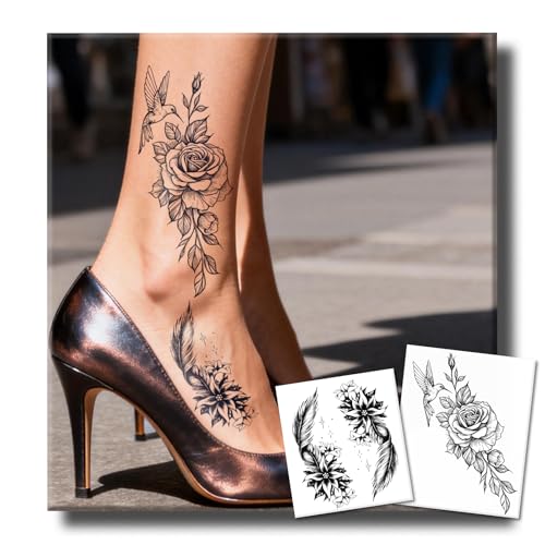Semi Permanent Tattoos, 2 Sheets Realistic Temporary Tattoos for Women, Fake Tattoo for Ankle Arm Waist, Waterproof No Reflective, Lasts 2 Weeks (Hummingbird floral & Feather Flower Designs)