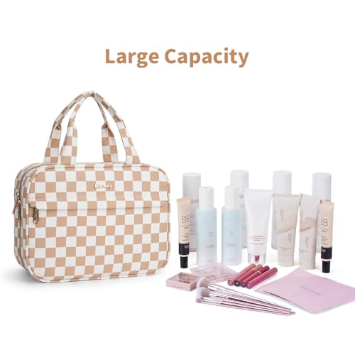 Narwey Light Brown Checkerboard Hanging Travel Toiletry Bag for Women, 4-Compartment Organizer