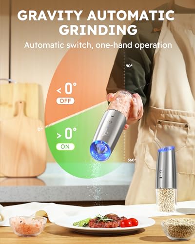 Sangcon Gravity Electric Salt and Pepper Grinder Mill RECHARGEABLE Automatic Salt Pepper Shaker USB-C No Battery Needed - LED Light One Hand Operation, Adjustable Coarseness Pepper 1pc