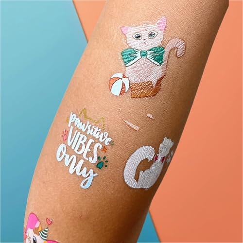 PapaKit Kitty Cats Temporary Fake Tattoo Set, 4 Sheets 64 Styles with Metallic Iridescent Foil | Party Favors, Birthday Goodie Bag Fillers, School Rewards