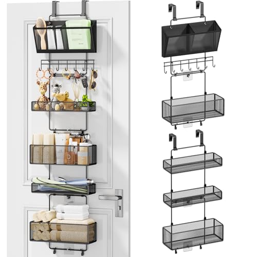 HapiRm 6-Tier Over-the-Door Organizer with Visual Pockets & Hooks (Hooks Style, Black) – Includes 4 Large Baskets