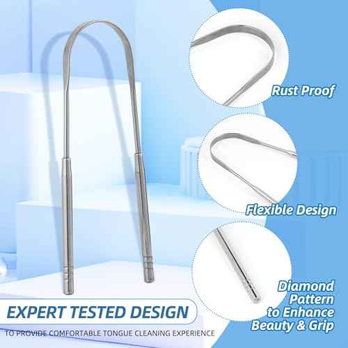 6 Pack Tongue Scraper - Reusable & Easy to Clean Tongue Scrubber with Travel Case for Adults & Kids - Medical-Grade 100% Stainless Steel Tongue Cleaner for Fresh Breath & Oral Care