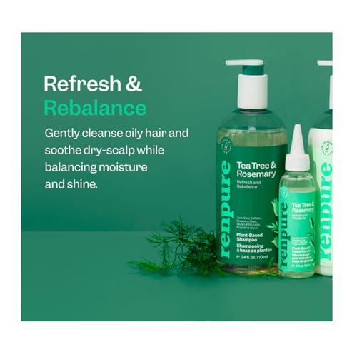 Renpure Plant Based Tea Tree and Rosemary Refresh and Rebalance Shampoo - Soothes Dry Scalp - Delivers Moisture and Shine - Rids Hair of Grime - Dye Free - Recyclable, Pump Bottle Design - 24 fl oz