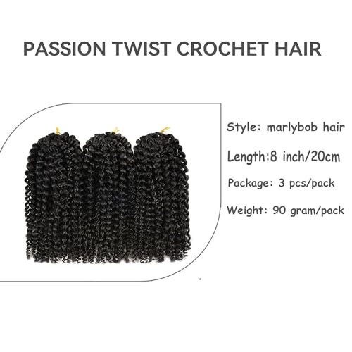 Marlybob Crochet Hair 8 Inch Passion Twist Hair Afro Kinky-Curly Crochet Hair Curly Crochet Hair For Black Women Curly Braiding Hair Crochet Hair Braids（8 Inch 3 Bundles, 1B）