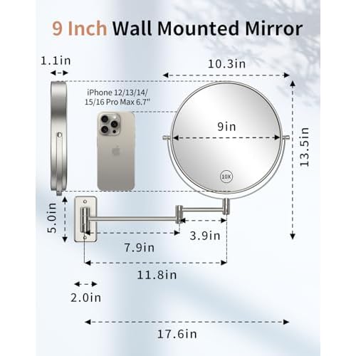 Benbilry 9" Large Size Wall Mounted Makeup Vanity Mirror, 1X/10X Magnifying Double Sided Shaving Mirror for Bathroom, 360¡Æ Swivel Extendable Arm, Nickel Finish