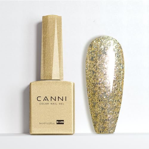 CANNI Glitter Gold Gel Nail Polish, 1Pcs Gold Reflective Gel Polish Sparkle Gold Color Nail Polish Gel High Gloss Soak Off U V Gel Nail French Nail Manicure Salon DIY