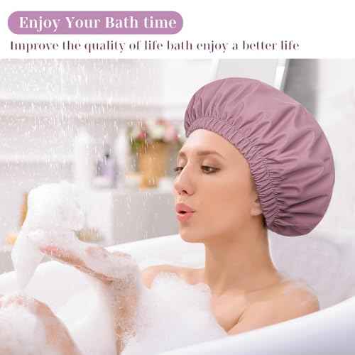 Shower Cap for Women Reusable Waterproof £¬Shower Caps with Elastic Band, Ideal for Long Hair, Braids and All Hair Types,Medium,Purple