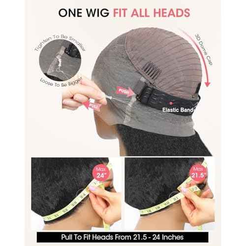 Kinky Straight Hidden Strap Invisi Drawstring 360 HD Full Lace Front Wigs Human Hair Pre Plucked Pre Cut Yaki 200 Density 360 Frontal Glueless Wigs Human Hair for Black Women 16 Inch