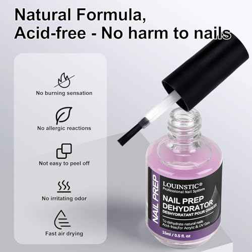 LOUINSTIC Nail Prep Dehydrator and Acid-Free Primer, Quick-Dry & Safe for Nails, for UV Gel, Acrylic, Gel Nail Polish & Press-On Nails Hema-Free ? Professional Salon & DIY Manicure Kit, 15ml
